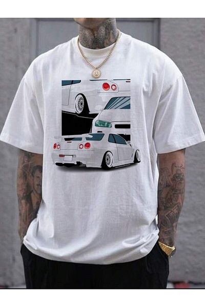 TRENDKOLİK Trendkolik - Μπλουζάκι με στάμπα αυτοκινήτου, Race, Oversize, Crew Neck, Unisex T-Shirt