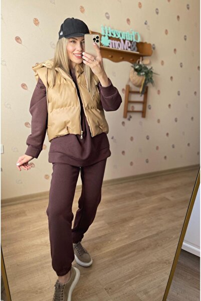 Chinozetti And Mom Krem Suni Deri Şişme Yelek