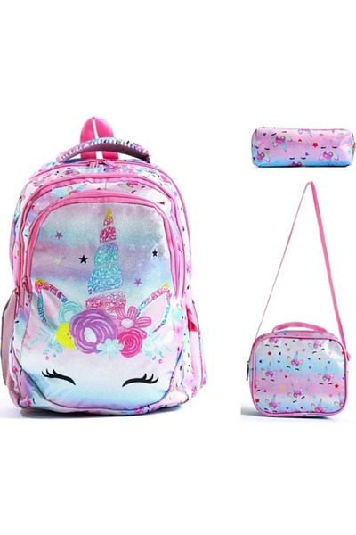 Alanç Gift Set de rucsac pentru școală primară ortopedică pentru fete, personalizat, roz, cu suport pentru nutriție și stilou