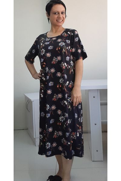Mertcan Butik Φόρεμα με μαύρο σχέδιο με κοντομάνικο βισκόζη χτενισμένο βαμβακερό