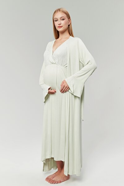 Lohussa طقم ثوب نوم نسائي صيفي للحوامل بتصميم خاص باللون الأخضر المائي - 100%...