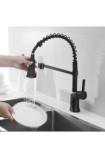 İSAOĞLU YAPI Black Kitchen Faucet - Industrial Sink, Tap, Extending System, Luminaire with Spiral Shower Feature