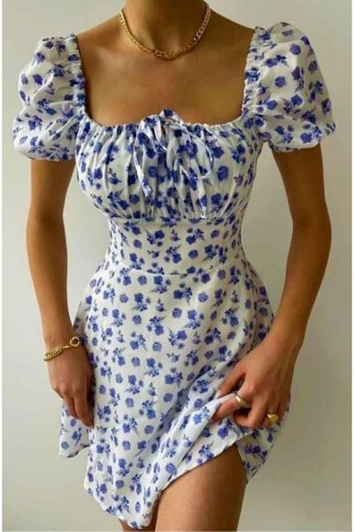 MOODMODA Rochie albă cu imprimeu floral mini cu cravată în față