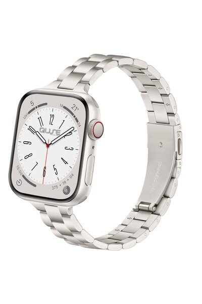 Quse Apple Watch SE/10/9/8/7/6/5/4/3 ile Uyumlu 46mm-45mm-44mm-42mm İnce Üç Bakla Çelik Kordon Starlight