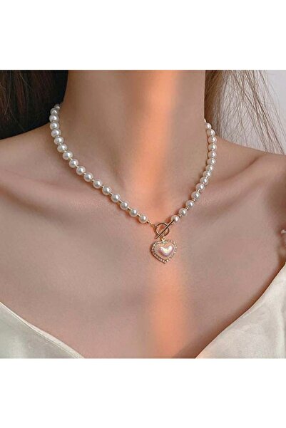 Takıtolia Love Incili Altın Renk Kalpli Düğün Nişan Gelin Özel Gün Sevgililer Günü Özel Gerdanlık Kolye