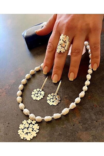 splashtakı 925 Ayar Gümüş Yonca Inci Kolye Küpe Yüzük Set Takı Tasarım