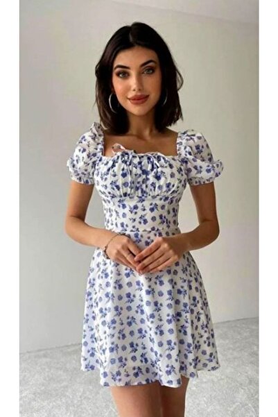 MOODMODA White Mini Floral Print Front Tie Dress