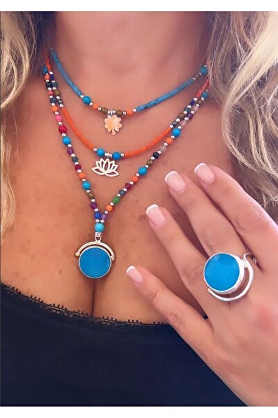 splashtakı 925 Ayar Gümüş Yonca Lotus Çiçeği Mavi Kuvars Kolye Kombin Yüzük Set