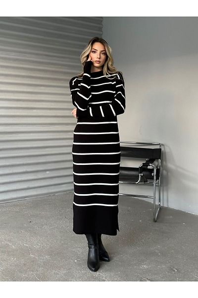 Lusin Γυναικείο ριγέ μακρυμάνικο πλεκτό φόρεμα - Μαύρο