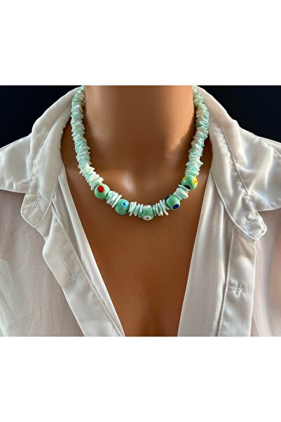 Limi Design Mother of Pearl and Lava Stone Mint Green Evil Eye Bodrum Bead Ne...
