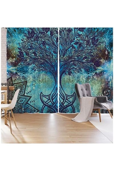 Elmas Dizayn Blue Tree PrinteD 3D Curtain - 140cm*240cm, Double Wings, 2 Pieces