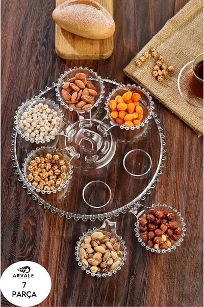 ARVALE 7 Piece Crystal Treat Set - Beaded Sauce Bowl, Presentation Bowl, Snack Bowl and Jam Bowl