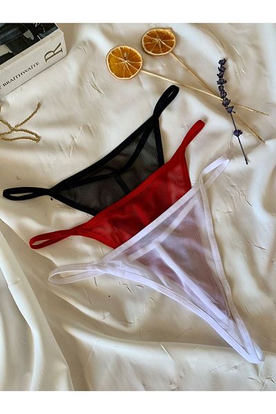 ROZENİN LINGERIE Set of 3 Sexy Tulle Thong (Red-Black-White)