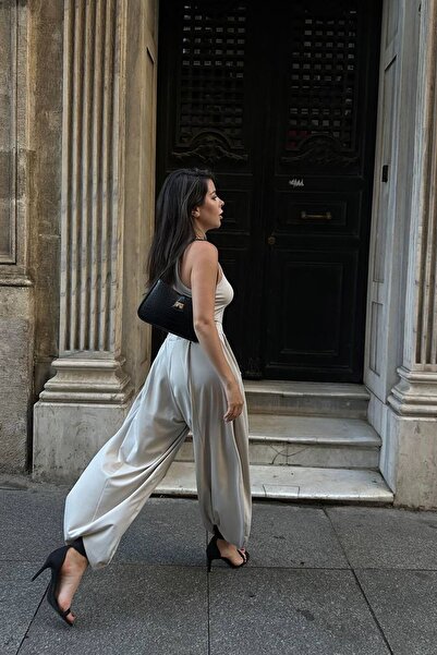 novalook Krem Crop Bluz - Şalvar Pantolon Kadın Takım