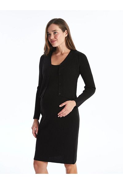 LC Waikiki LCWAIKIKI Umstands-Strickkleid- und Strickjacken-Set – U-Ausschnitt