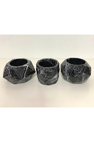 decolight 3'lü Siyah Mermer Efekti Renk Beton Sukulent Ve Kaktüs Saksı Seti.