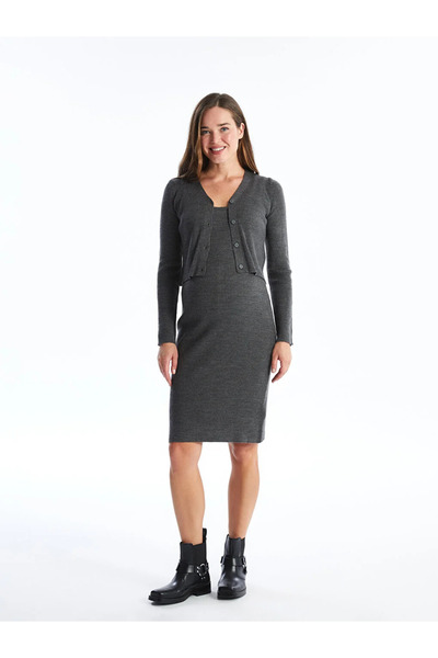 LC Waikiki LCWAIKIKI Maternity U Yaka Düz Hamile Triko Elbise ve Hırka Takım