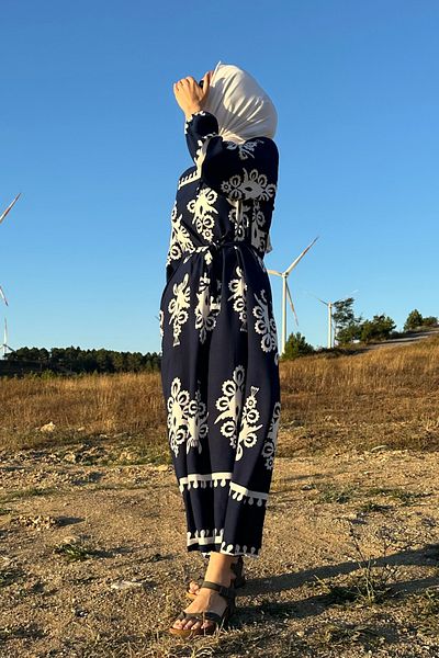 Yefrastore Γυναικείο φόρεμα Indigo White Ethnic με σχέδιο βισκόζης - Γιακάς με κουμπιά