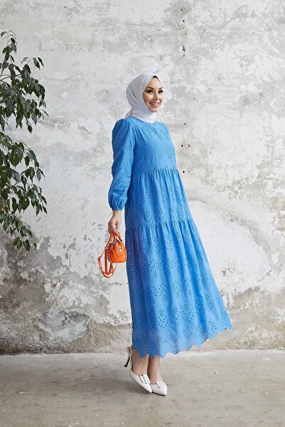 She Olive Μπλε φόρεμα με γκιπούρ