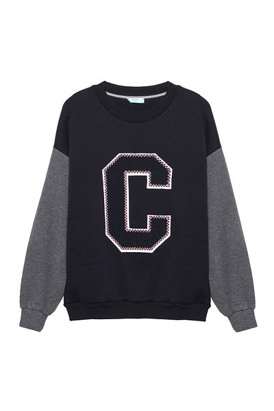 Quzu Felt Print Detailed Sweatshirt Navy Blue