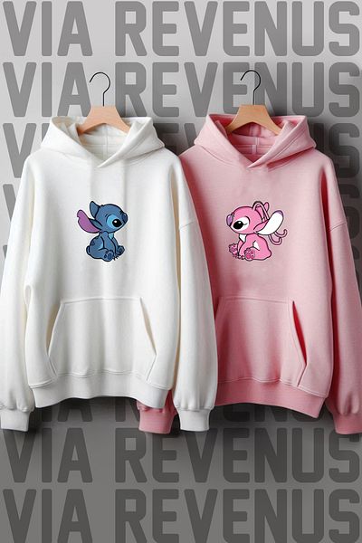 Vordevia Lilo And Stitch Patterned - Ροζ και Λευκό Oversize Φούτερ