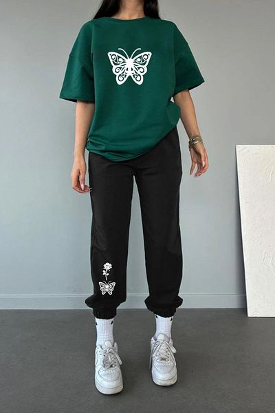 MODARİCH Σετ μπλουζάκι και φούτερ Nefti Green Black Butterfly Rose - Oversize Crew Neck