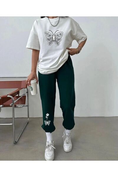 MODARİCH تي شيرت White Nefti Green Butterfly Rose - طقم رياضي كبير الحجم برقب...