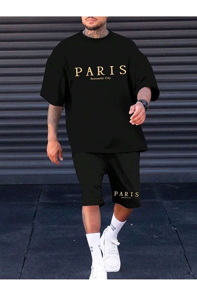 MODARİCH Set de tricou și pantaloni scurți Paris Romantic Oversize - negru, imprimat, decolteu