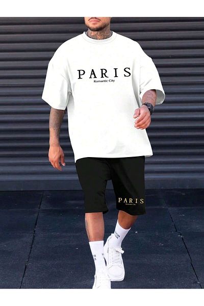 MODARİCH Paris Romantic Oversize χτενισμένο βαμβακερό σορτς και μπλουζάκι - Λευκό Μαύρο, εμπριμέ, λαιμόκοψη