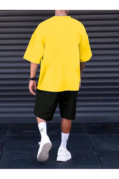 MODARİCH Tricou Paris Romantic Oversize și pantaloni scurți din bumbac pieptănat - Galben Negru, Decolteu