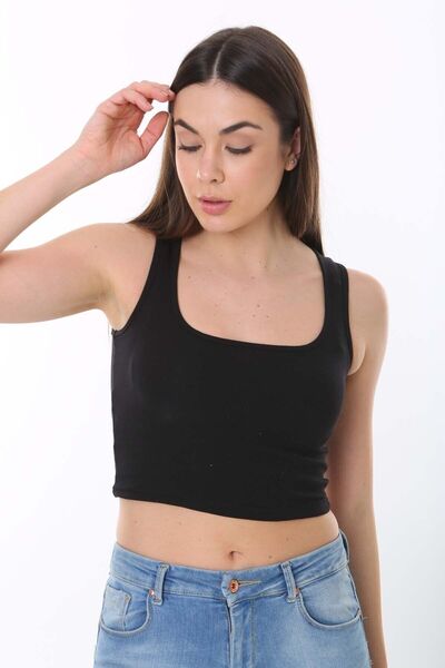 CHEISU Vestă crop cu gât pătrat negru - Bluză cu mâneci zero cu aspect de atletism