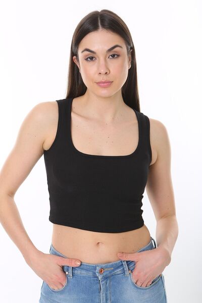 CHEISU Vestă crop cu gât pătrat negru - Bluză cu mâneci zero cu aspect de atletism