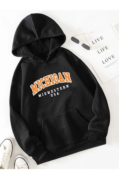 blackjack giyim Blackjackgiyim Μαύρο φούτερ με κουκούλα με στάμπα Michigan