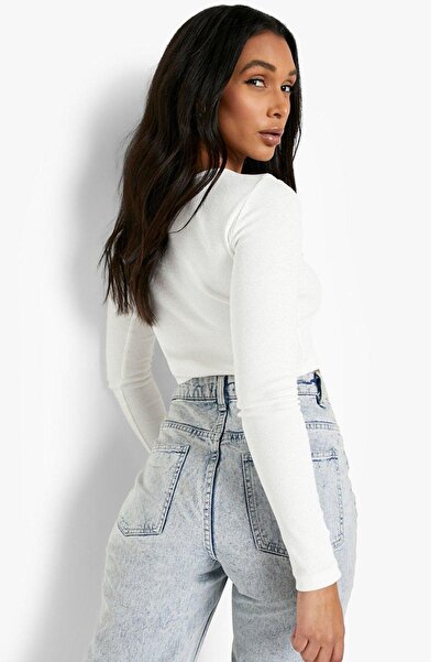 CHEISU Λευκό μακρυμάνικο Crop T-shirt - Γυναικεία μπλούζα με λαιμόκοψη καμιζόλα με κορδόνι