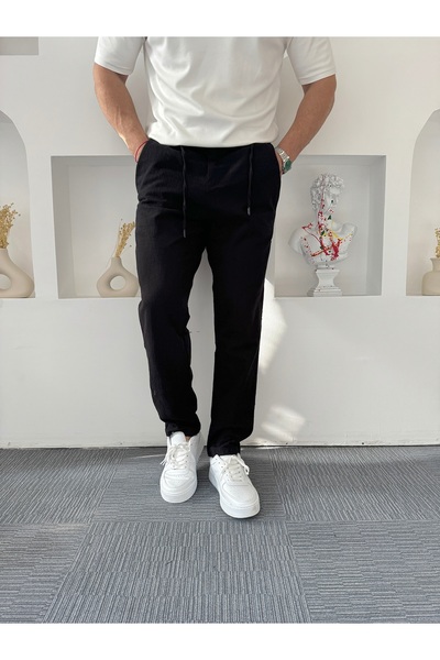UTTBASİC Siyah Boyfrend Bağcıklı Keten Pantolon