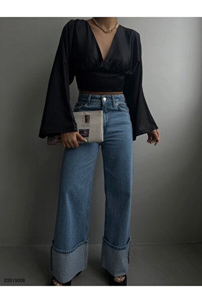 HZL Siyah sırt dekolte bluz gömlek