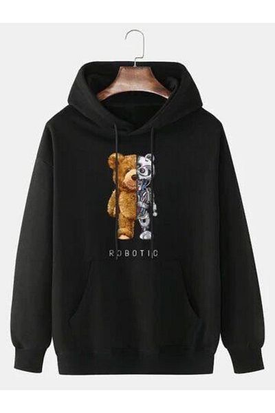 MANCY Uisex Black Teddy Robot Printed Hooded Oversize Sweatshirt Without Fleece Inside