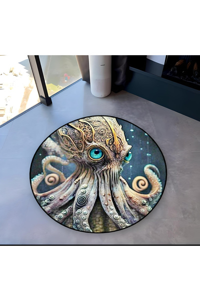 Rugs Modern Halı Mira Round Blue Eyed Octopus Patterned Woven Base Modern Dec...