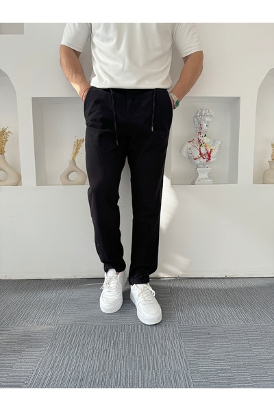UTTBASİC Siyah Boyfrend Bağcıklı Keten Pantolon