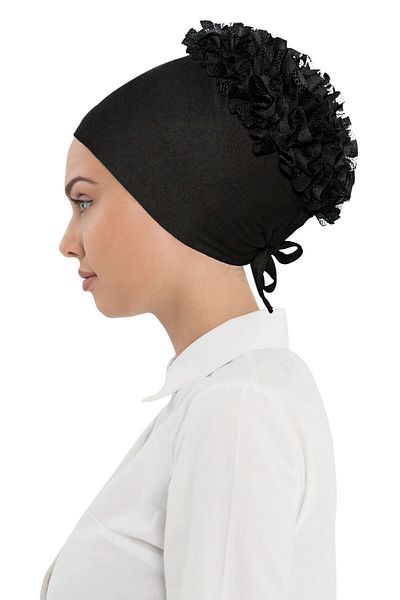 devhome Black Hijab Bonnet - Lycra and Ruffle, Luxury Comfort, No Sweat