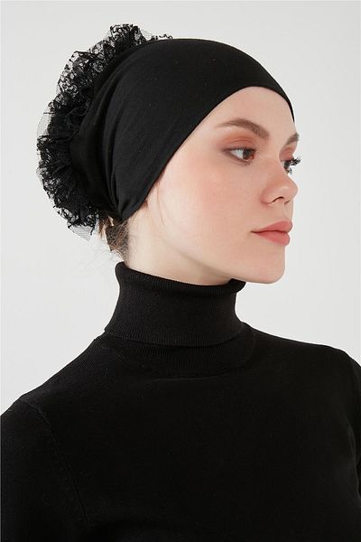 devhome Black Hijab Bonnet - Lycra and Ruffle, Luxury Comfort, No Sweat