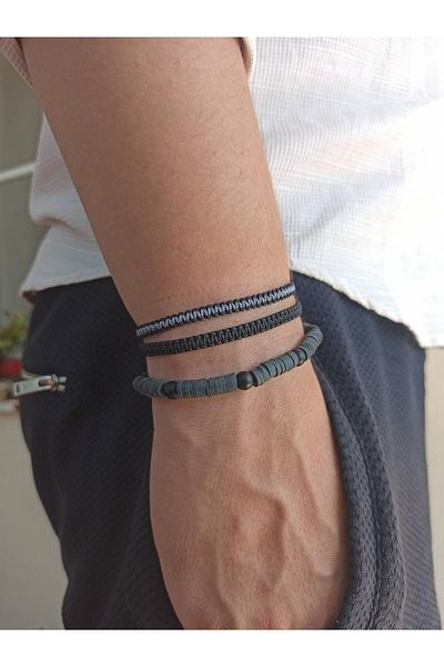 TREND Men's Bracelet Combination Set of 3 - Knitted Macrame, String Onyx Stone Fimo Gift