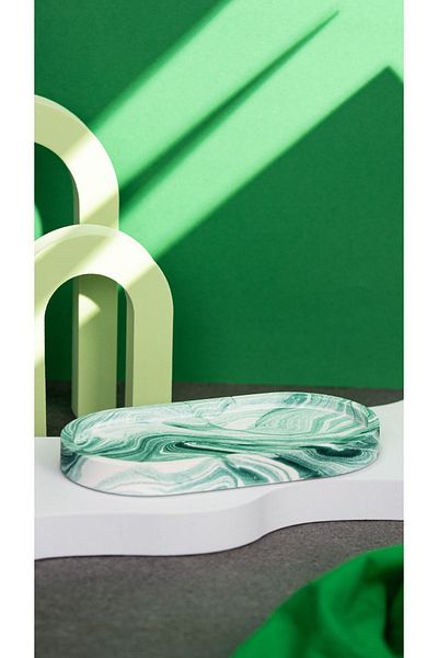 Miselyumco Decorative Marble Look Antique Green Concrete Candle, Jewelry and Flower Pot Base Oval Tray