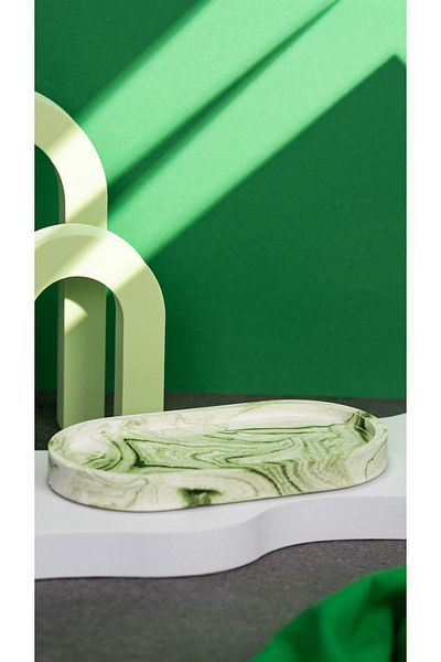Miselyumco Decorative Marble Look Green Concrete Candle, Jewelry and Flower Pot Base Oval Tray