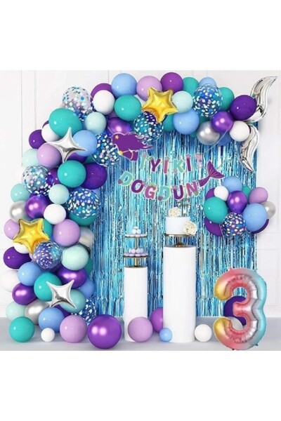 Bkmc Curcubeu de 3 ani - Lanț de baloane de lux cu folie sirenă, ornament pen...