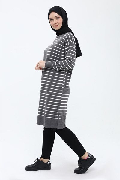ilmek Women's Striped Long Knitwear Hijab Tunic 4355