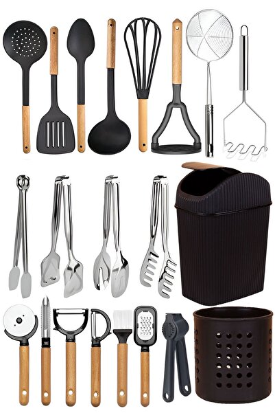 Homerest 21 Parça Ahşap Çelik Mutfak Gereçleri Çöp Kovası Kepçe Soyacak Maşa Set