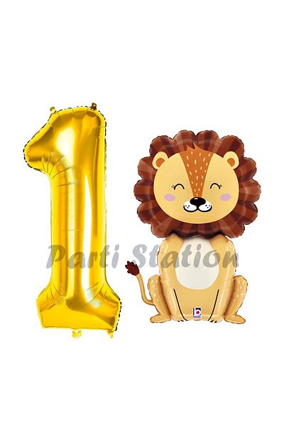 Parti Station 1 Year Old Lion Balloon Set - Safari Concept, Gold Number