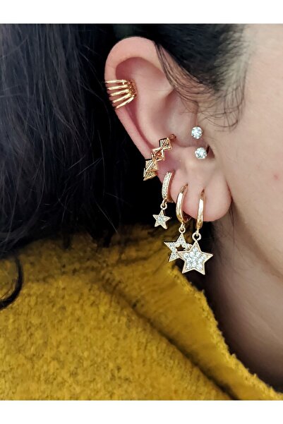 SU PERİSİ TAKI BİJUTERİ Gold 3 Lü Yıldız Set Küpe