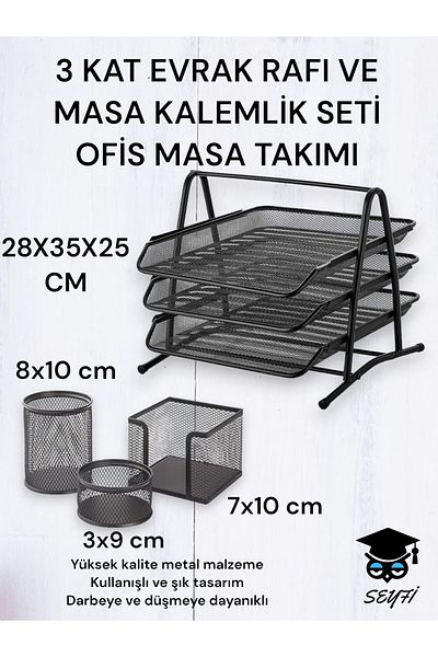 SEYFİKİRTASİYE 3 PLY METAL SHELF AND 3-PIECE DESK PENCIL SET OFFICE SET METAL PERFORE BLACK